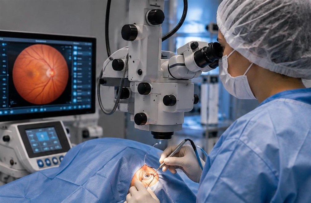 Cirurgia de Retina Cirurgia de retina (vitrectomia) sendo realizada com microscópio cirúrgico na Raro Clínica da Visão